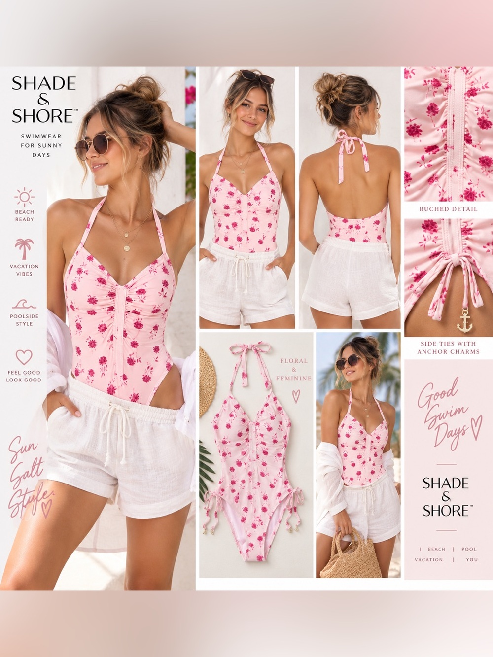 Shade & Shore Pink Floral Ruched Halter One Piece Swimsuit XS NWT